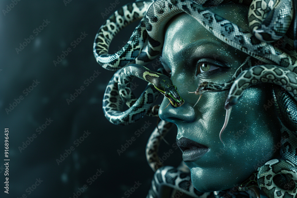 Medusa Gorgon, Snake-Haired Monster of Greek Halloween Myth copy space Medusa Gorgon, Snake-Haired Monster of Greek Halloween Myth copy space
