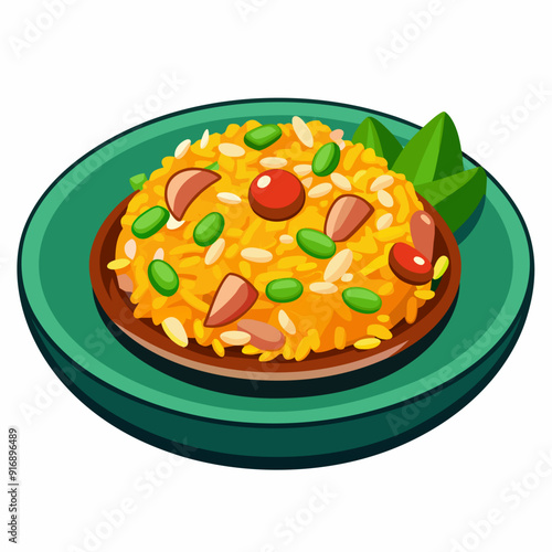 Fried Rice with Peas, Meat, and Red Peppers on a Green Plate