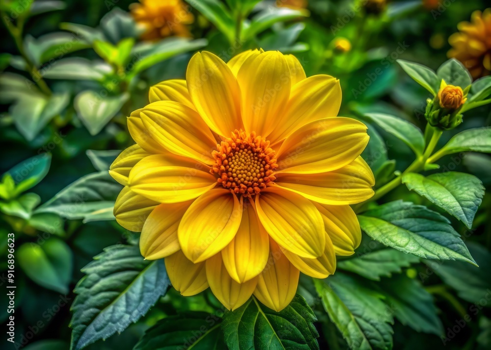 Vibrant yellow bloom with delicate petals and intricate details rests amidst lush fresh green leaves and stems in a vibrant natural outdoor setting. Vibrant yellow bloom with delicate petals and intricate details rests amidst lush fresh green leaves and stems in a vibrant natural outdoor setting.