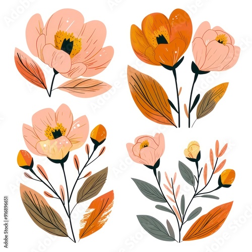 peonies flower set clipart illustration with simple graphics and soft amber, orange and pink colors