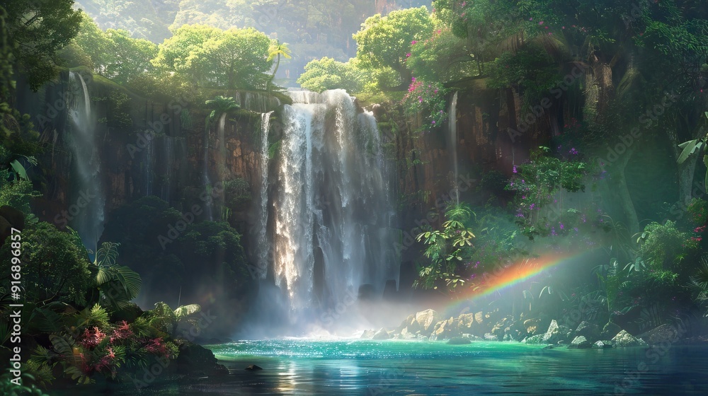 Majestic Waterfall Cascading Down a Cliff into a Lush Forest. AI generated illustration Majestic Waterfall Cascading Down a Cliff into a Lush Forest. AI generated illustration