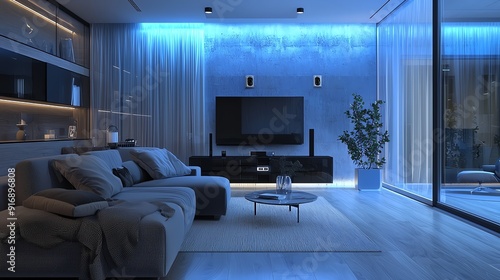 Stylish modern living room with blue ambient lighting, sleek furniture, and a spacious design for relaxation and entertainment.