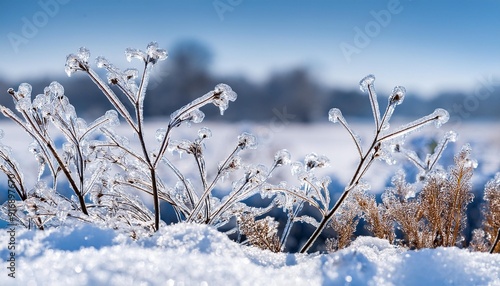 ice covered plant with snowy winter background in southern maryland calvert county usa photo