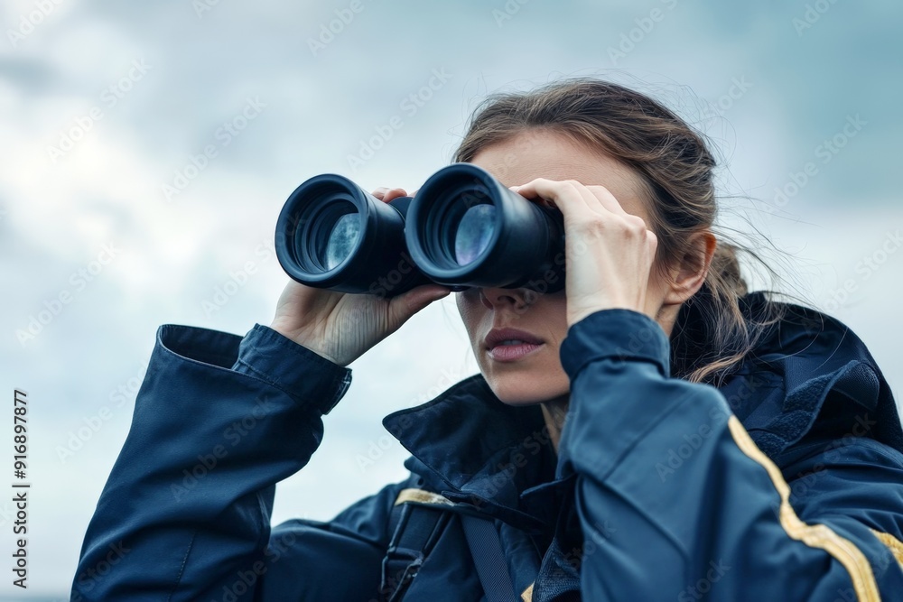 Female maritime officer looking through binoculars, concentrating on the distant view, cloudy weather, boat setting, selected focus, copy space

