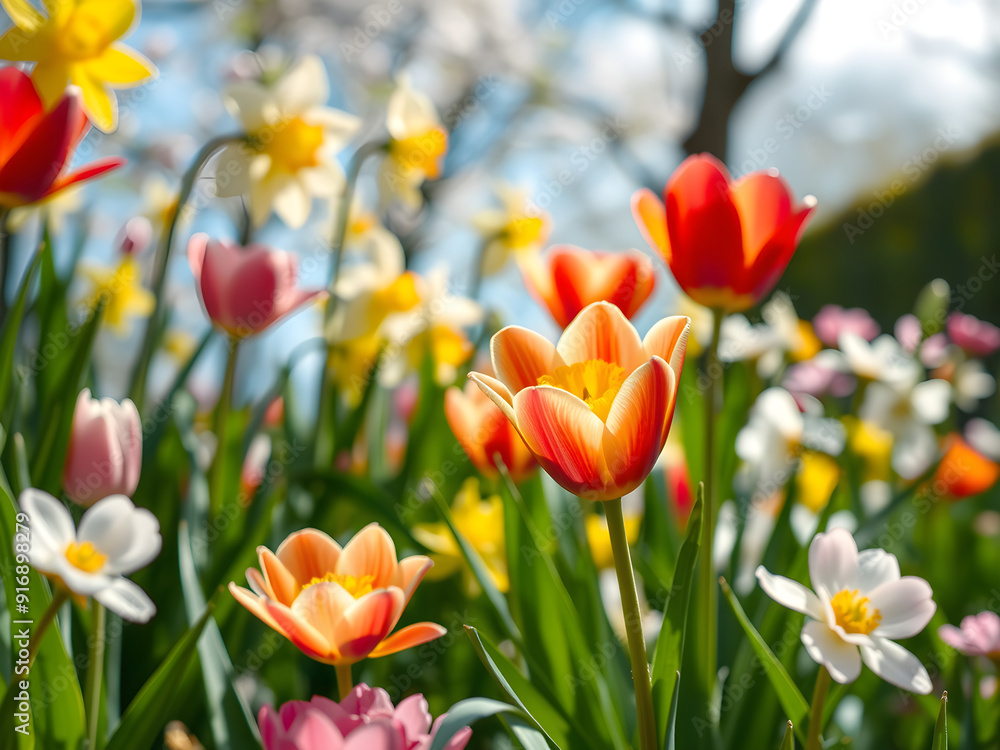 Fototapeta premium Experience the vibrant beauty of colorful spring flowers in full bloom, creating a stunning and serene garden backdrop. Perfect for nature lovers. AI Generative.