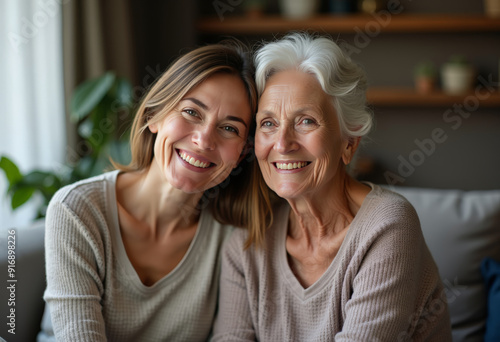 Happy senior woman and adult daughter smiling together in a cozy home lifestyle setting. This image has high technical and aesthetic quality, great commercial potential and uniqueness. Generative AI.