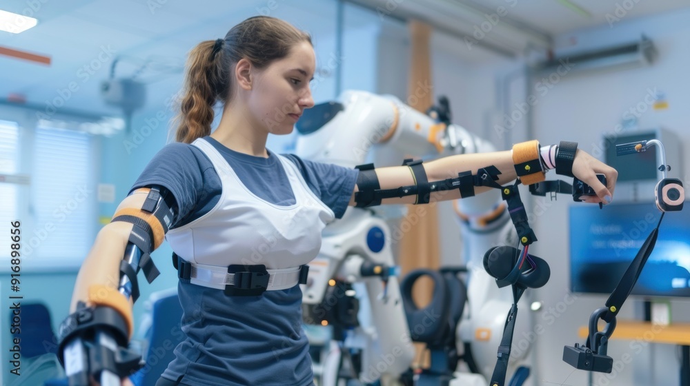 Woman using robotic arm for rehabilitation Woman using robotic arm for rehabilitation