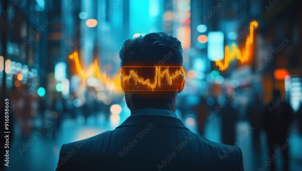 Obraz premium Businessman Walking Through a City with a Graph Above His Head