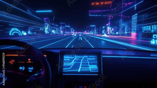 Futuristic Cityscape at Night: A View From Inside a Car