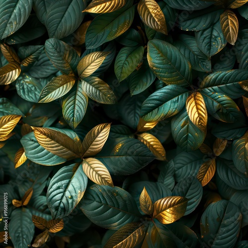 Wallpaper Mural deep green leaves texture background and golden luxury details Torontodigital.ca