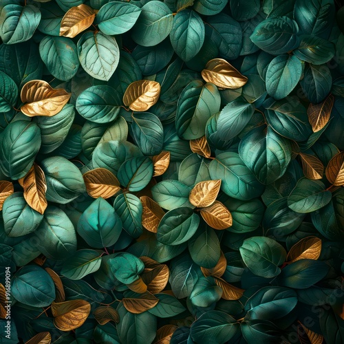 Wallpaper Mural deep green leaves texture background and golden luxury details Torontodigital.ca