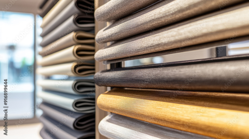 Close-Up of Colorful Blackout Cellular Shades on Display Rack in Store Close-Up of Colorful Blackout Cellular Shades on Display Rack in Store