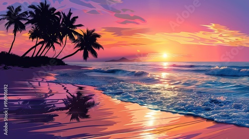 Tropical Island Sunset with Palm Trees and a Hammock. AI generated illustration