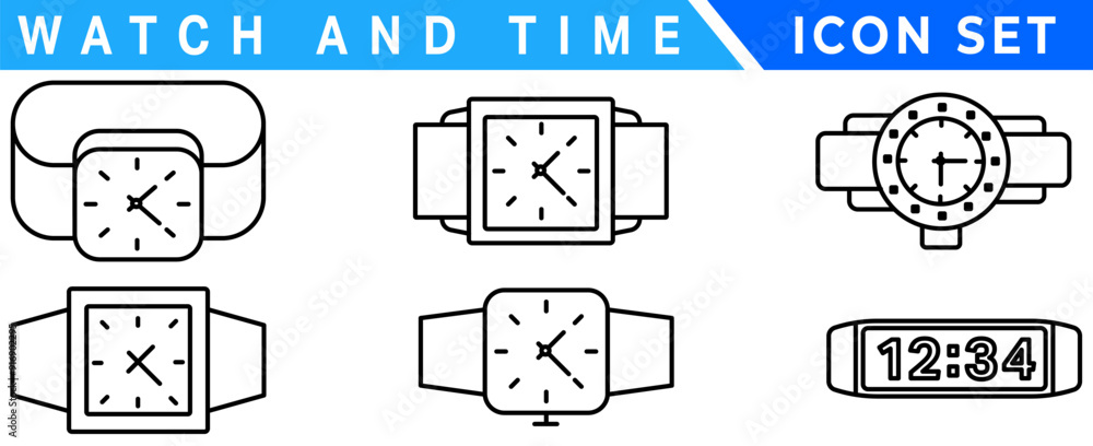 Watch & time wrist vector outline set icon. Isolated outline set icon wristwatch. Vector illustration clock on white background Watch & time wrist vector outline set icon. Isolated outline set icon wristwatch. Vector illustration clock on white background