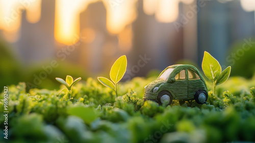 Green Car Toy in Lush Grass with City Skyline in Background