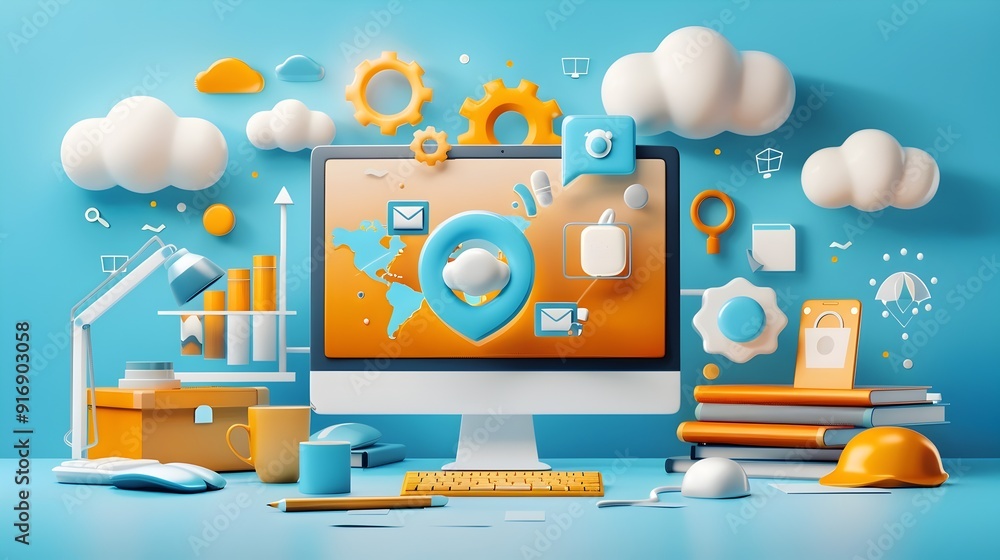 3D Illustration of Computer with Clouds and Gears. 3D Illustration of Computer with Clouds and Gears.