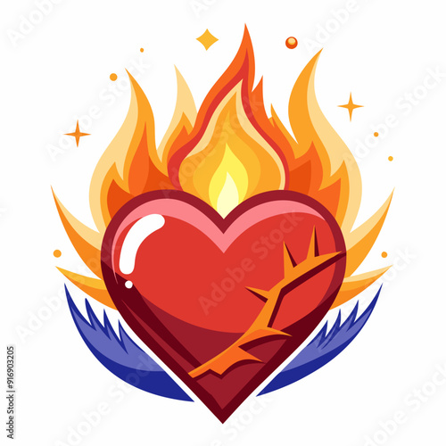 Flaming Heart with Thorn and Wings