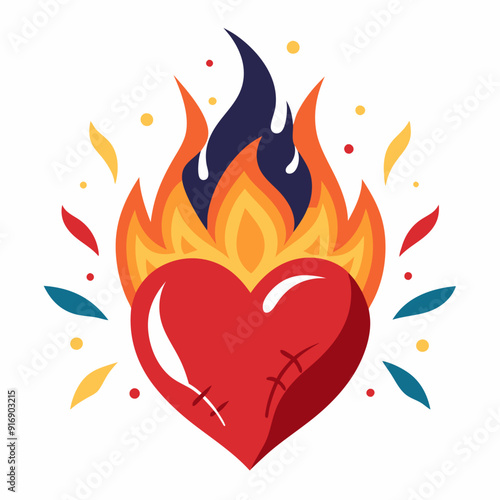 A red heart engulfed in flames with stitching