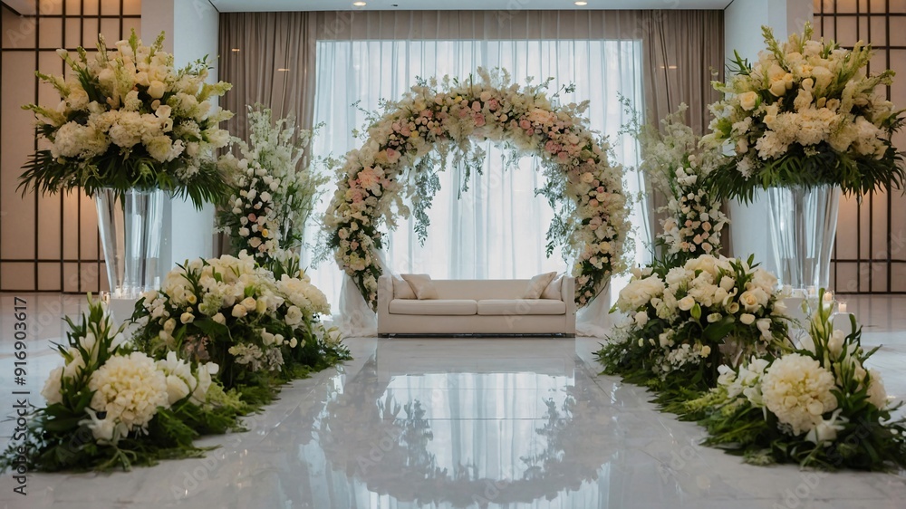 Elegant Wedding Ceremony Decor with White Floral Arrangements Elegant Wedding Ceremony Decor with White Floral Arrangements