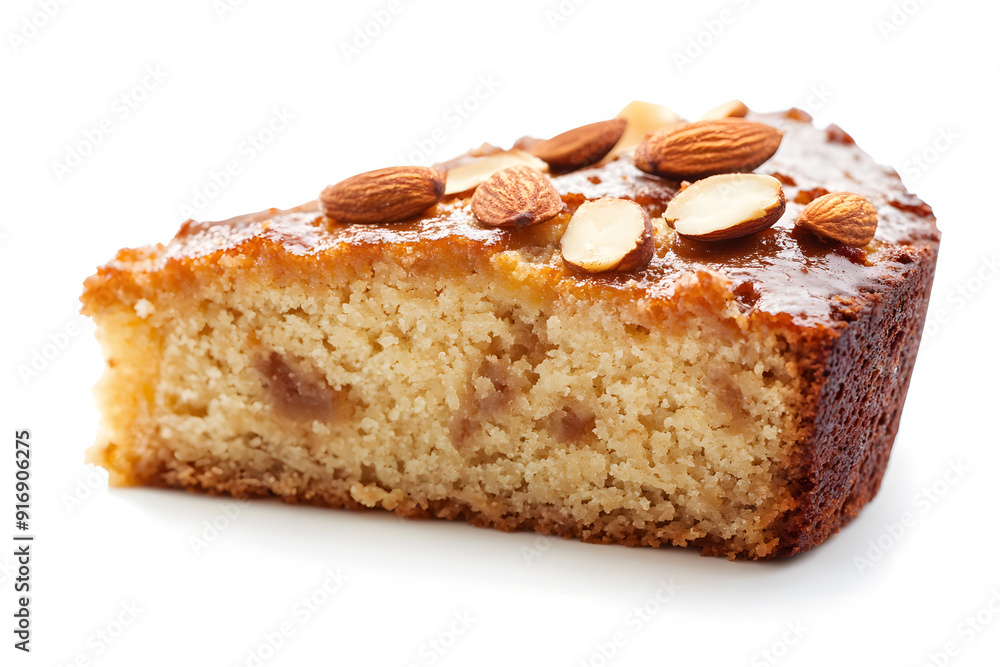 Slice of sweet almond cake isolated on white background Slice of sweet almond cake isolated on white background