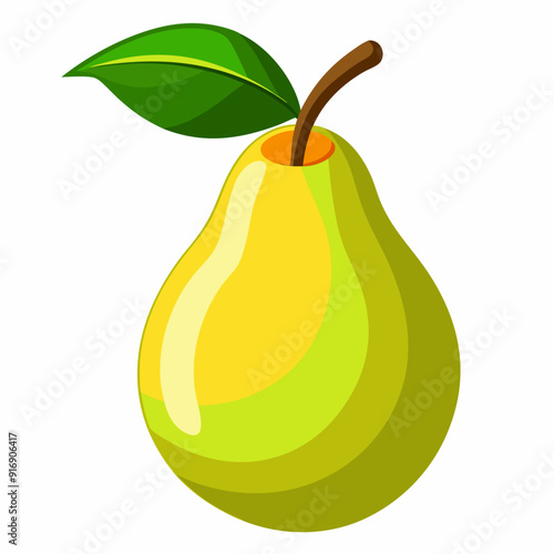 A Yellow Pear with a Green Leaf and Brown Stem