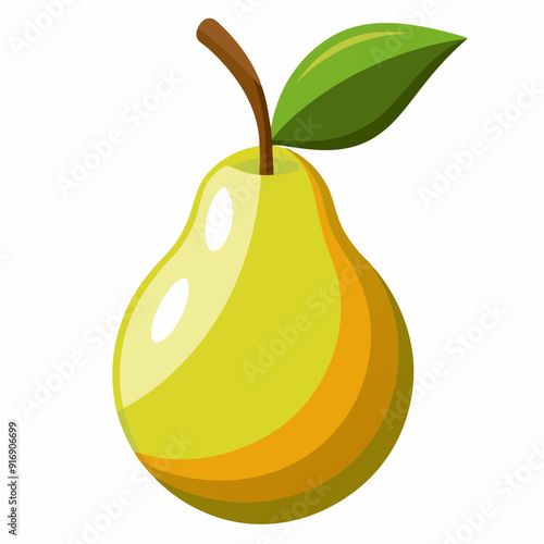A Cartoon Illustration of a Ripe Yellow Pear with a Green Leaf