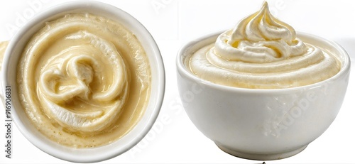 Bowl with white mayonnaise dip, side and top view, food bundle, isolated on a transparent background photo