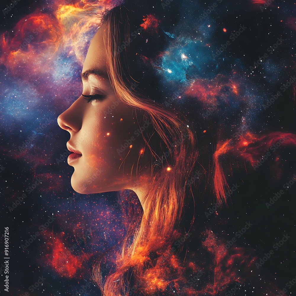 Celestial Portrait of a Woman Enveloped in Swirling Galaxies, Highlighting Her Cosmic Connection Celestial Portrait of a Woman Enveloped in Swirling Galaxies, Highlighting Her Cosmic Connection