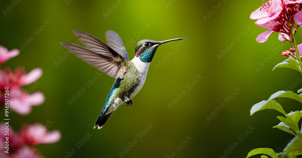 Naklejka premium A Hummingbird Paradise Surrounded by Blossoming Flowers.