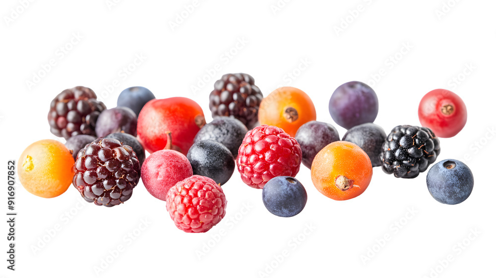 Wild berries mix isolated on a white background with full depth of field, vibrant colors Wild berries mix isolated on a white background with full depth of field, vibrant colors