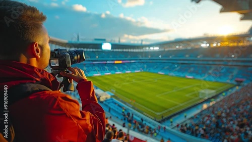 A blogger using a manual camera stabiliser records footage with a smartphone in a stadium. photo