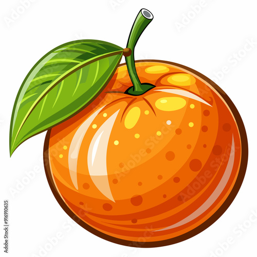 A Single Orange With a Green Leaf and Stem