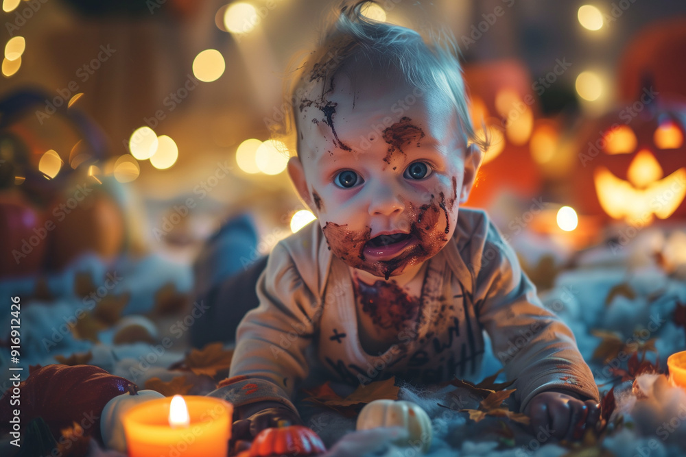 Baby dressed as Zombie, Funny Halloween Outfit, Adorable Undead Look, Blood Splatter Effect, Costume Party Inspiration, Infant Prop Baby dressed as Zombie, Funny Halloween Outfit, Adorable Undead Look, Blood Splatter Effect, Costume Party Inspiration, Infant Prop