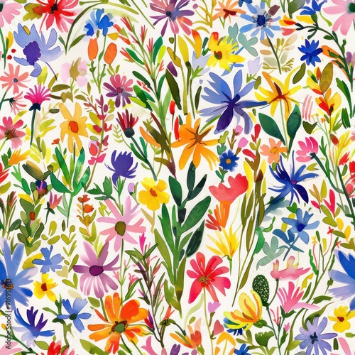 wild flowers watercolored seamless background configuring a colorful intricate pattern