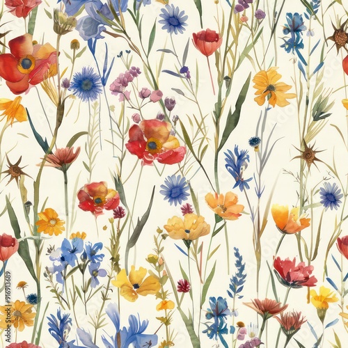 wild flowers watercolored seamless background configuring a colorful intricate pattern