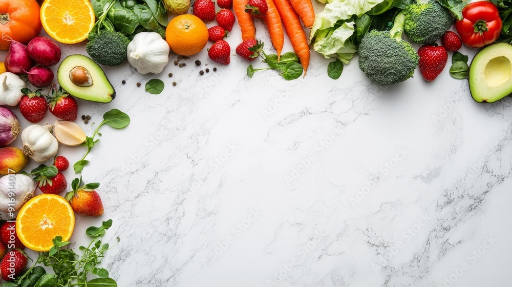 Assorted Fresh Fruits and Vegetables on Marble Background Assorted Fresh Fruits and Vegetables on Marble Background