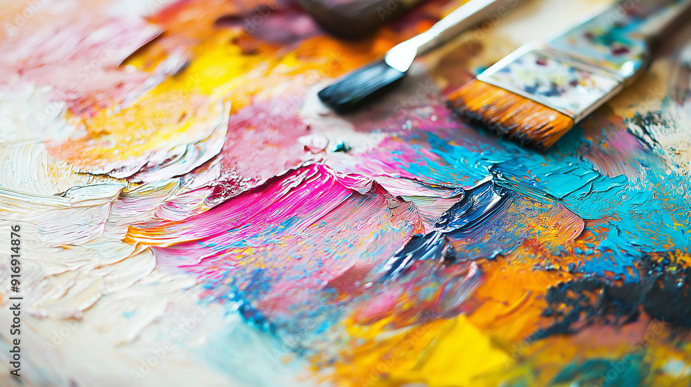 Fototapeta premium Closeup of colorful paint and paintbrushes on palette. ..