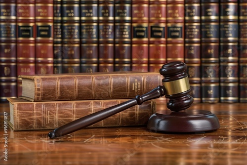 Symbol of Justice: Gavel and Legal Books in a Solemn Courtroom Setting. emphasizing justice and the legal system.