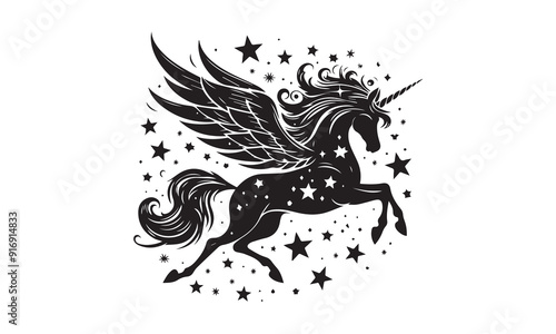 unicorn design, unicorn horse head design - black and white magical
