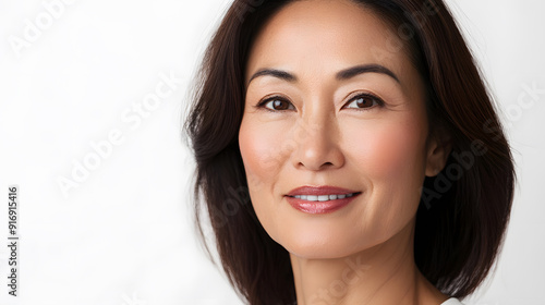 Beautiful Mature Asian woman close up portrait. Beautiful gorgeous 40-50s mid aged mature lady looking at camera isolated on white.