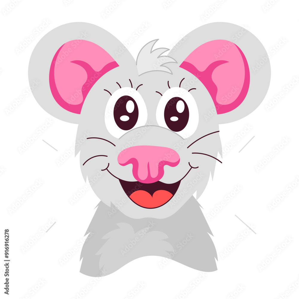 A cartoon style sticker of rat face with cute smile
A cartoon style sticker of rat face with cute smile