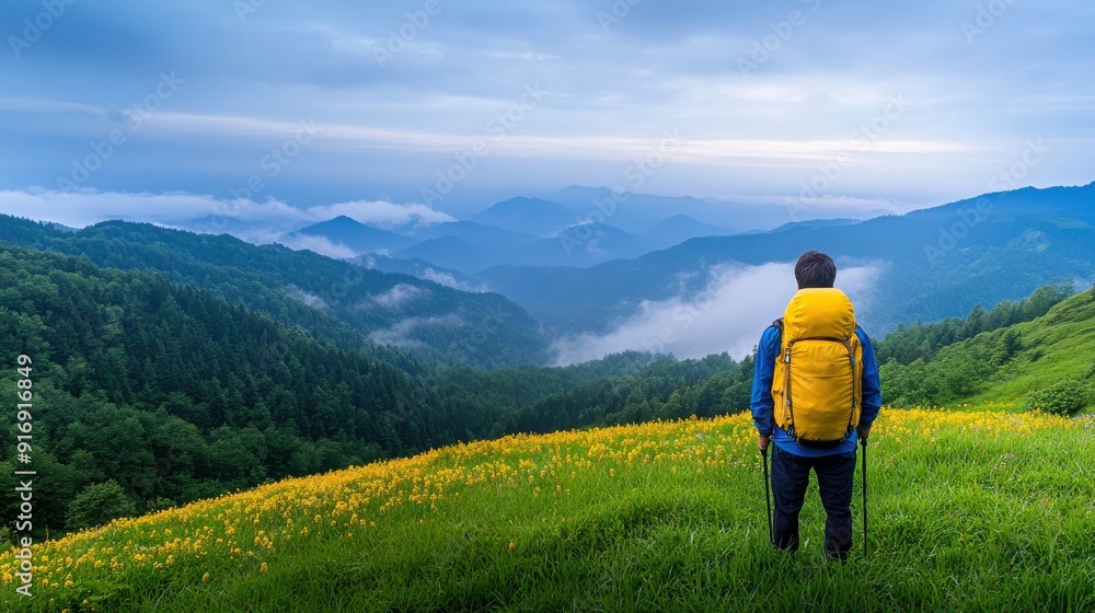 Fototapeta premium Hiker Gazing at Majestic Mountain View