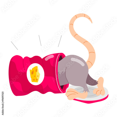 Cartoon style sticker of rat finding something in can 

