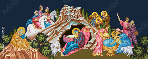 Nativity of Our Lord Jesus Christ. Christian religious Christmas illustration in Byzantine style
