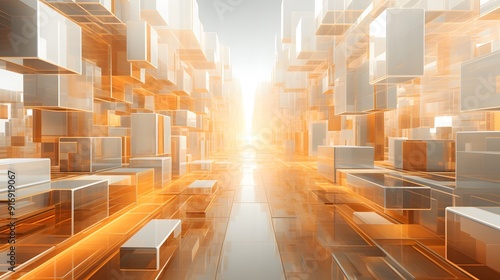 Abstract Futuristic Virtual Background with Orange and White Cubes, Light Rays, and Interior Design, Illustrating Digital Technology Concept