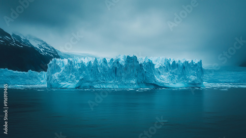 The moment a huge piece of glacier breaks off and sinks into the ocean shows the power of calvation and its impact on the environment.