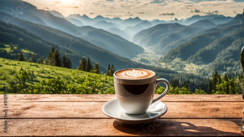 A cup of coffee with a picturesque background overlooking the mountains. With a place to copy the text.