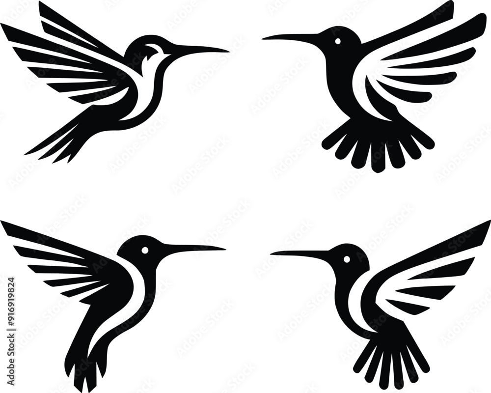 Black hummingbird logo clipart. Isolated tropical small flying bird. Monochrome minimalist bird logo line art. Black hummingbird logo clipart. Isolated tropical small flying bird. Monochrome minimalist bird logo line art.