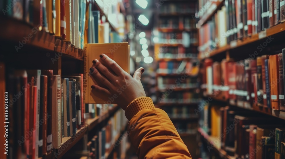 Design an image of a hand reaching for a book on a high shelf. Design an image of a hand reaching for a book on a high shelf.