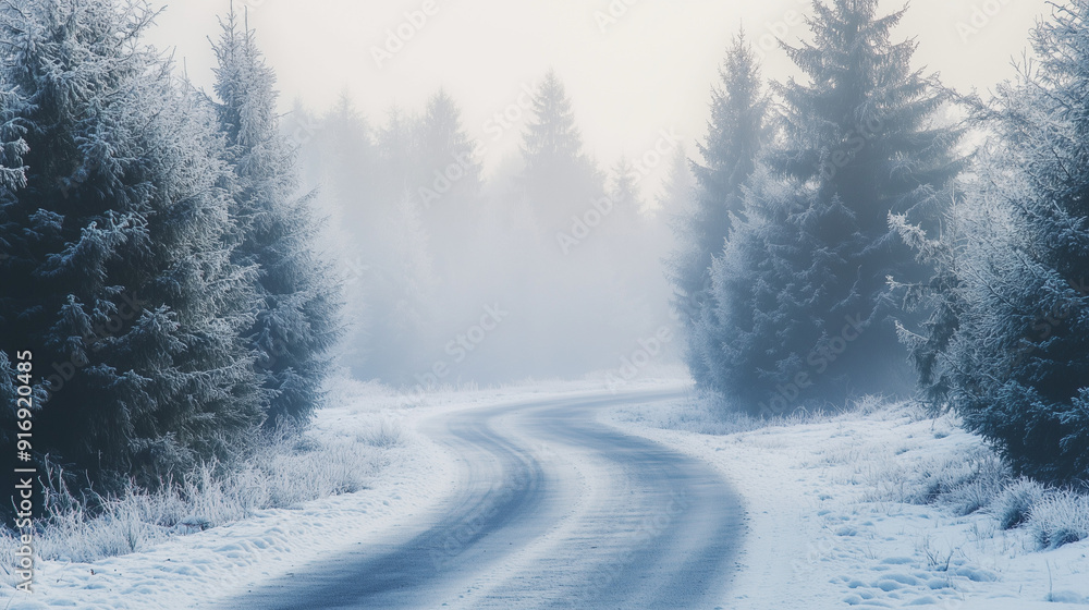 Misty winter forest full of spruce trees, with a winding road, in retro and hipster style. Evergreen trees covered in snow and a delicate fog create a beautiful, melancholic landscape. Misty winter forest full of spruce trees, with a winding road, in retro and hipster style. Evergreen trees covered in snow and a delicate fog create a beautiful, melancholic landscape.